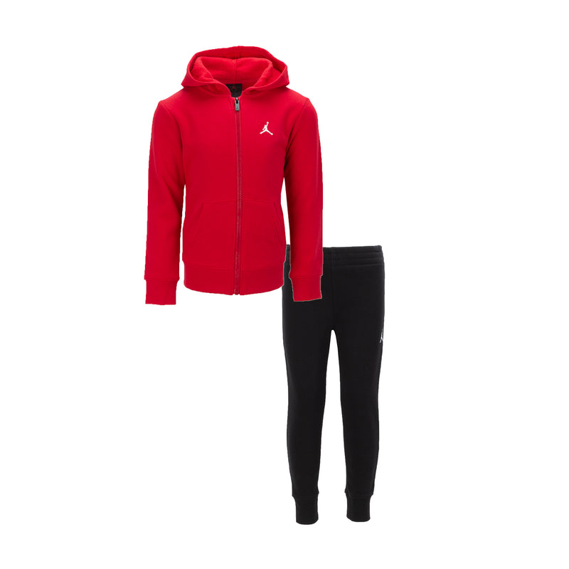 Kids fleece zip-up hoodie and jogger set; red hoodie with logo, black pants