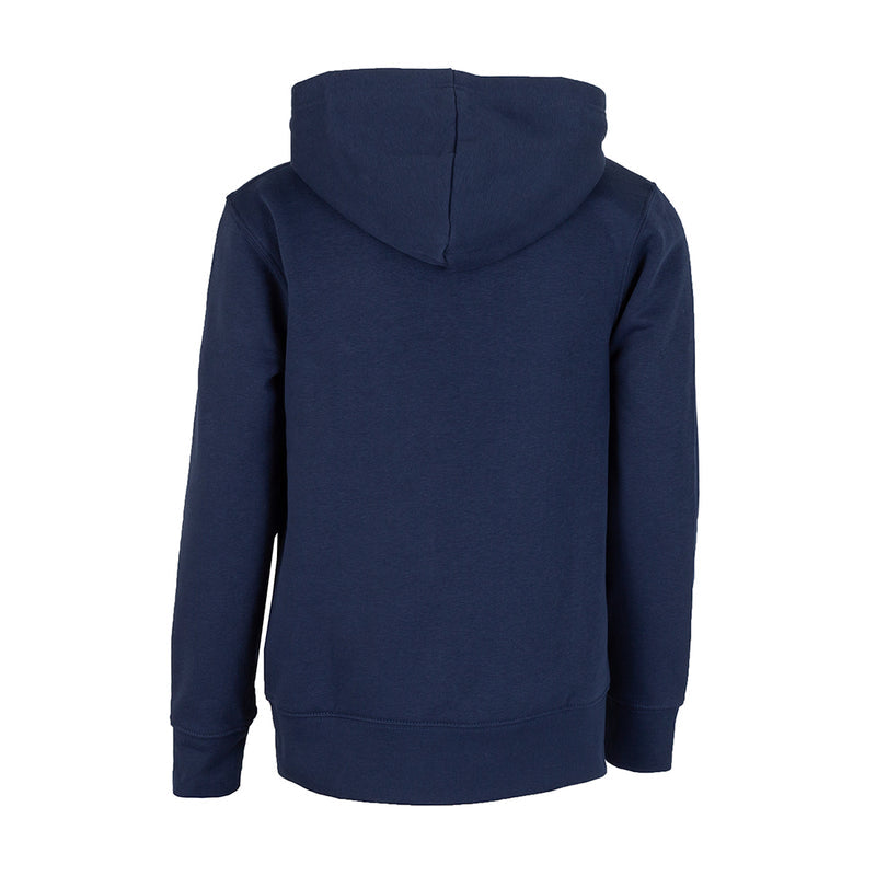 Youth midnight navy fleece full-zip hoodie with hood, back view
