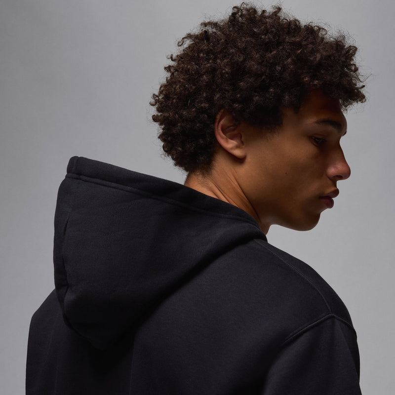 Men's black fleece pullover hoodie back view with hood