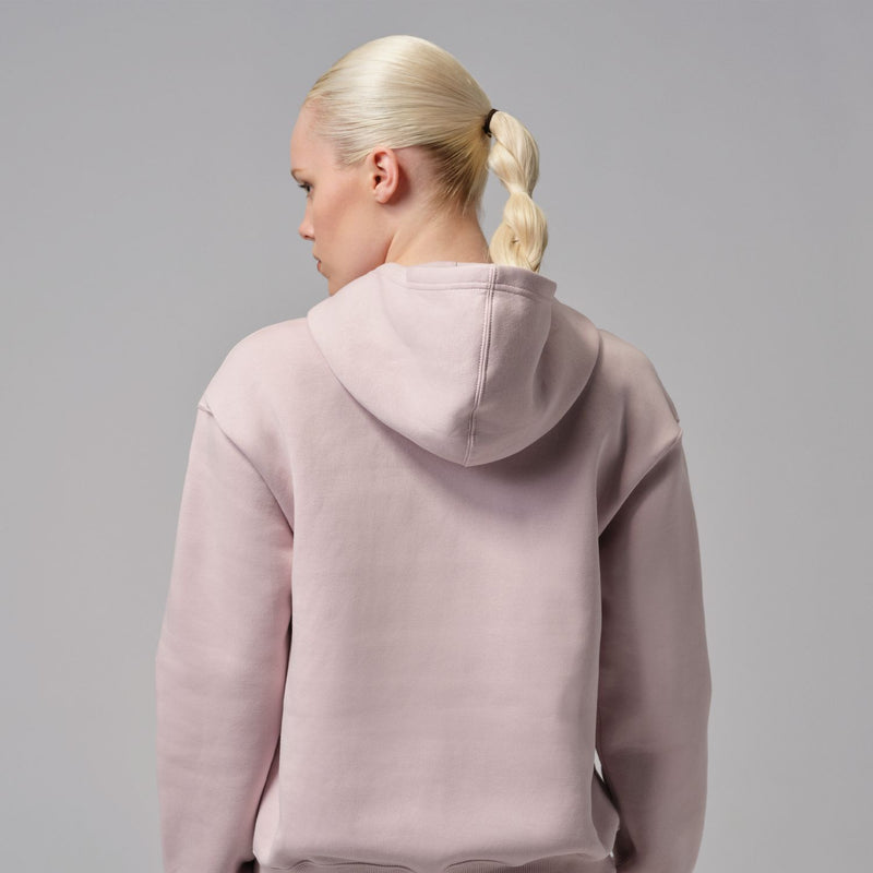 Pink fleece pullover hoodie back view with hood