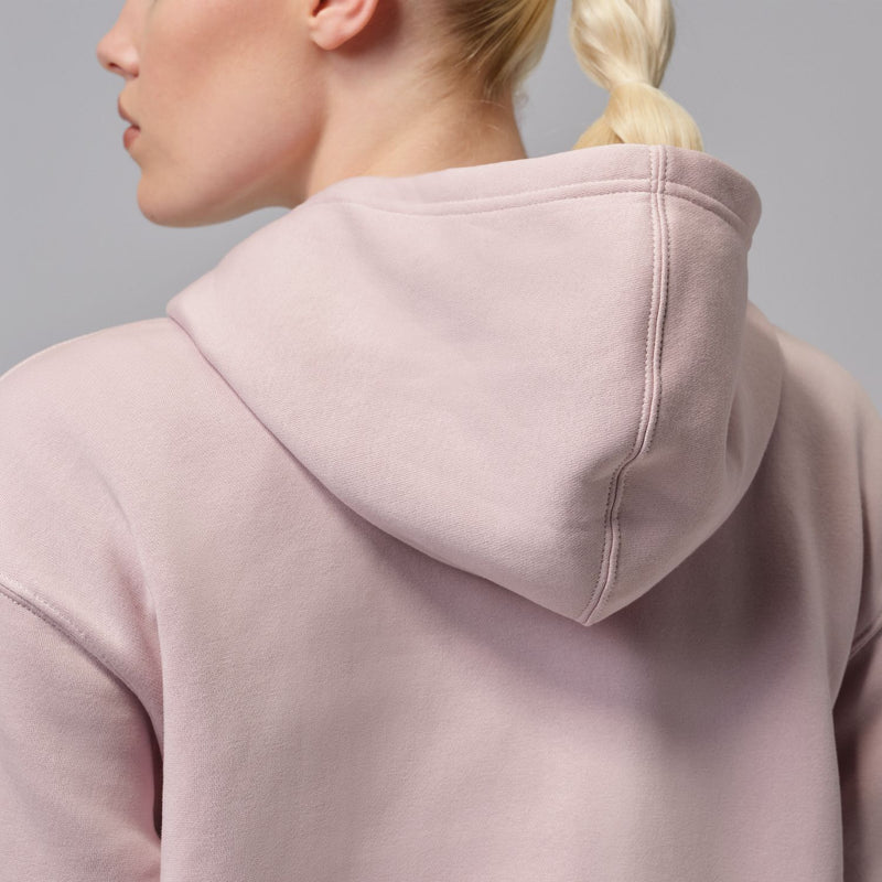 Pink fleece hoodie hood and neckline seam detail