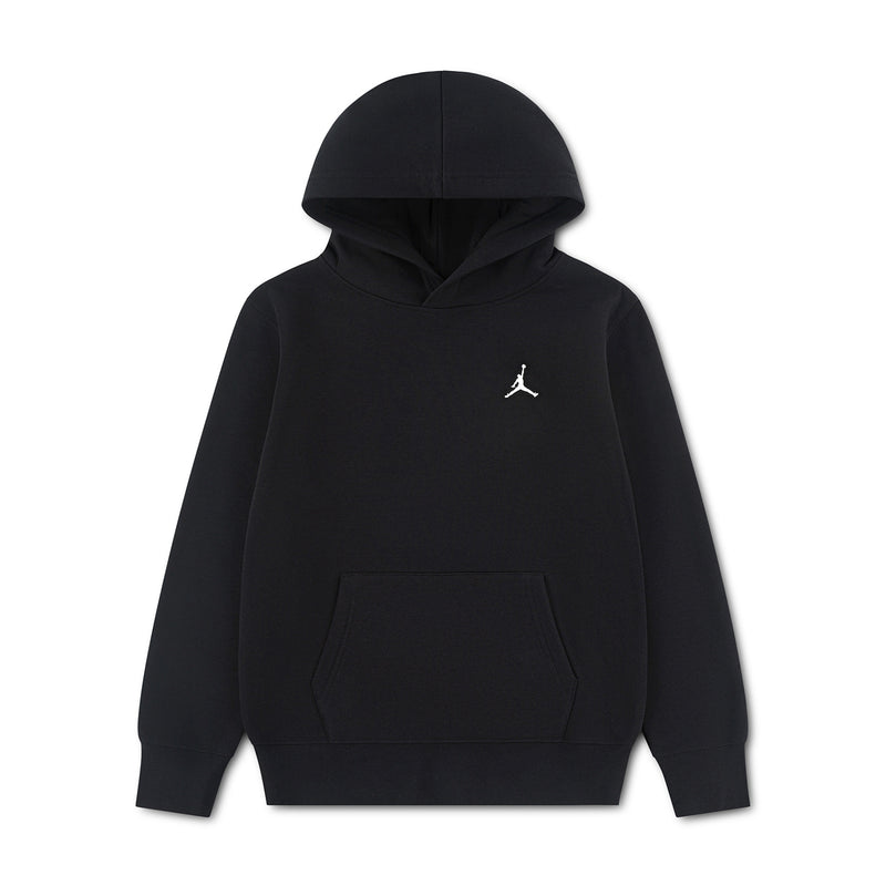 Youth black fleece pullover hoodie with hood, kangaroo pocket, and Jumpman logo.