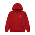 Red youth fleece pullover hoodie with hood, kangaroo pocket, and white Jumpman logo