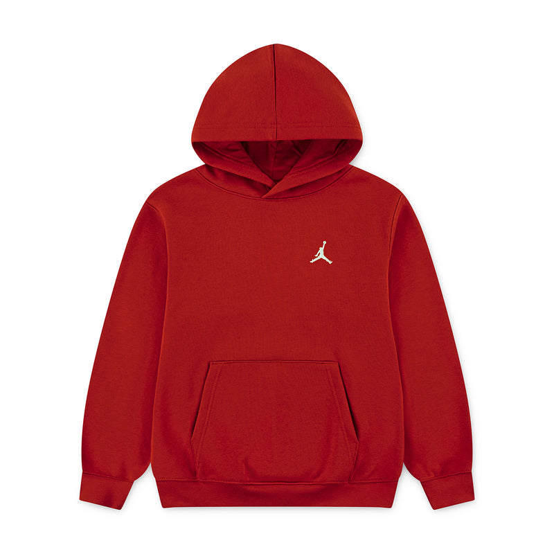Red youth fleece pullover hoodie with hood, kangaroo pocket, and white Jumpman logo