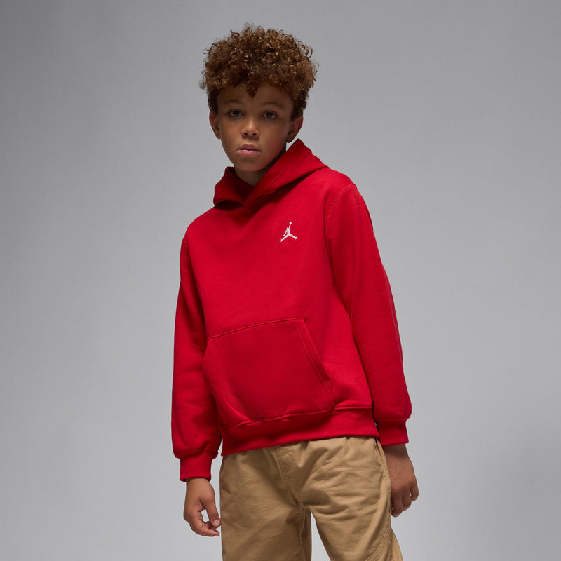 Red youth pullover hoodie with hood and kangaroo pocket, white Jumpman logo