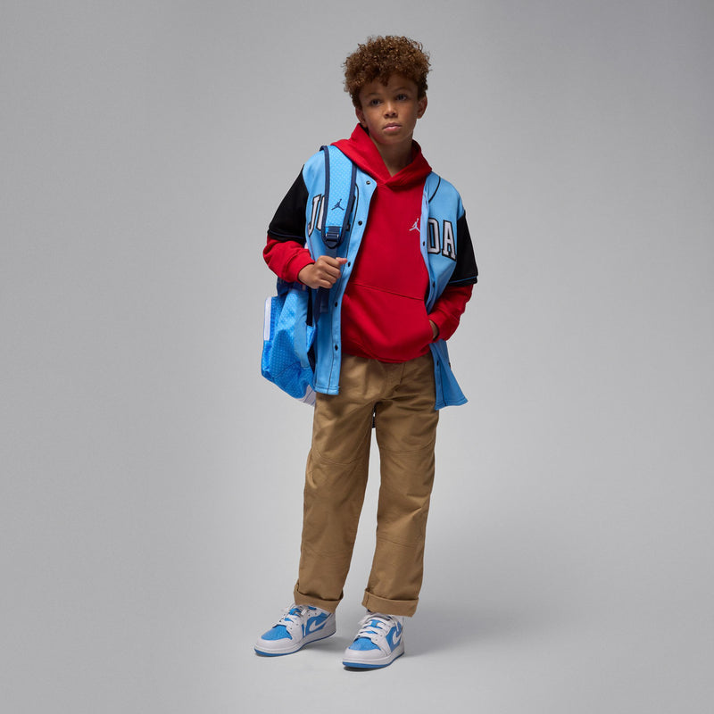 Red youth pullover hoodie with hood and kangaroo pocket, white Jumpman logo