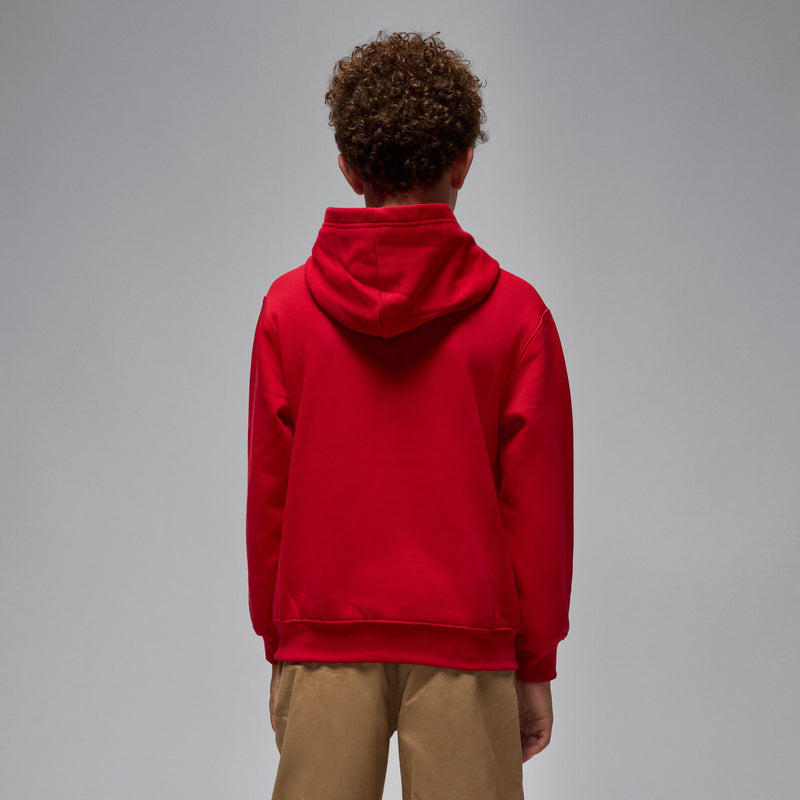 Red youth pullover hoodie with hood and kangaroo pocket, logo not shown on back