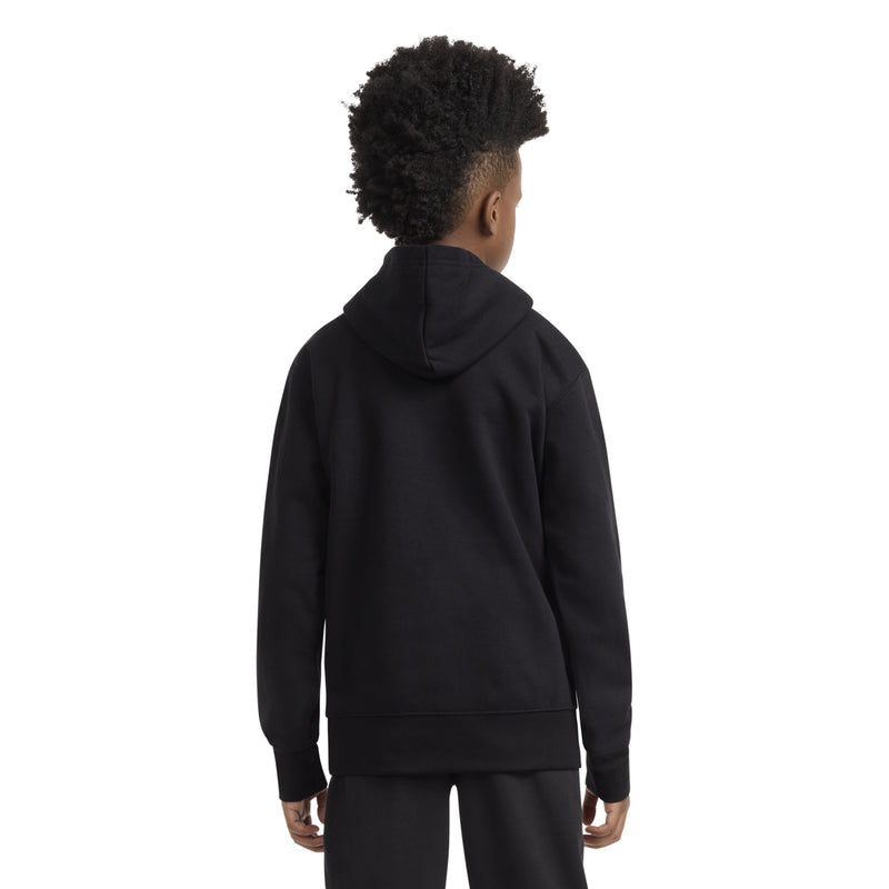 Youth black fleece pullover hoodie with hood and kangaroo pocket, back view.