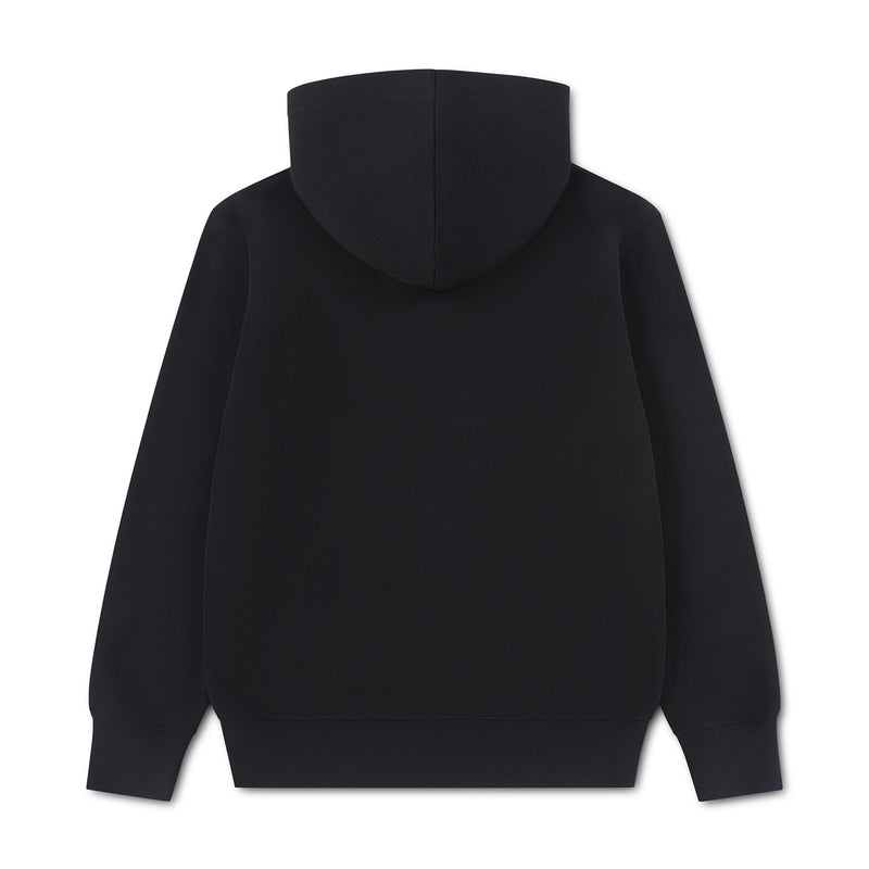 Youth black fleece pullover hoodie with hood, plain back, kangaroo pocket.