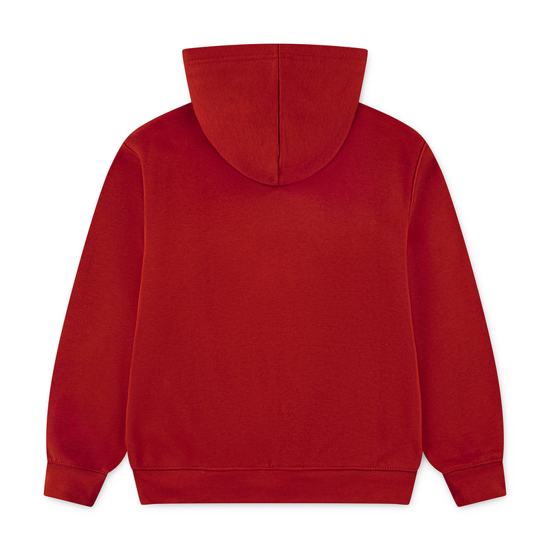 Red youth pullover hoodie with hood and kangaroo pocket, plain back view