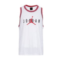 Men's white mesh basketball jersey with red and black Jordan logo on chest