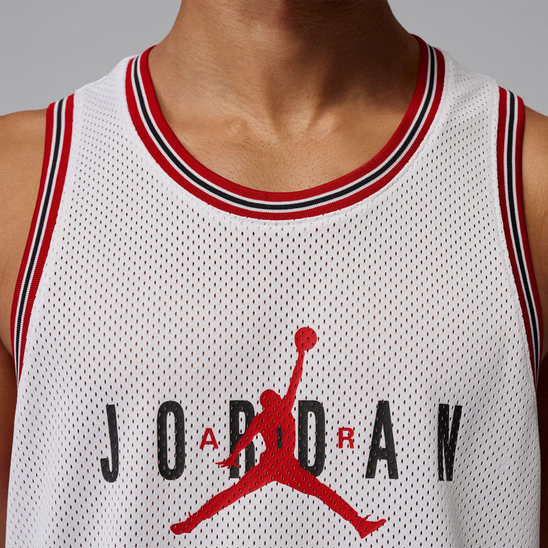 White mesh jersey neckline with red and black stripes and Jordan logo