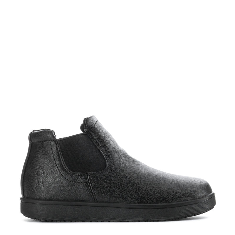 Black leather women’s chelsea boot with elastic side gore and round toe