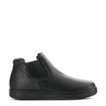 Black leather women’s chelsea boot with elastic side gore and round toe