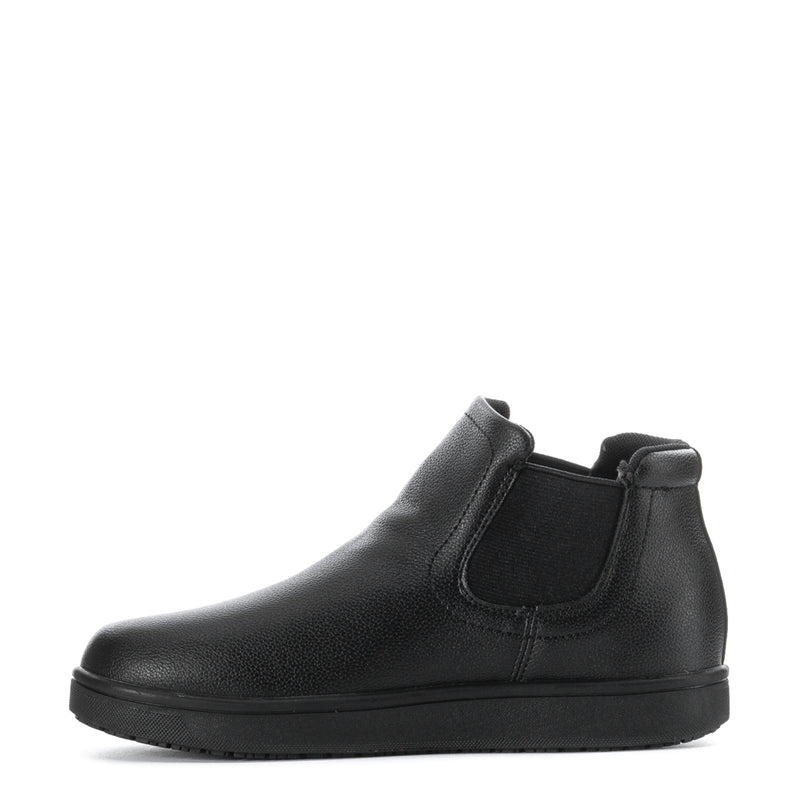 Black leather chelsea ankle boot with elastic gore and low-profile rubber sole