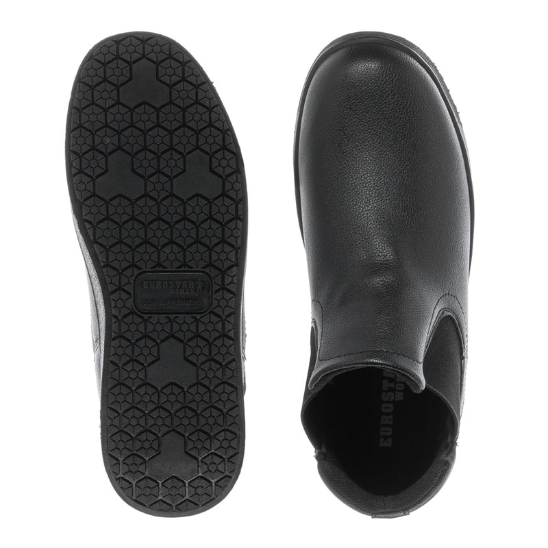 Black leather chelsea boot outsole view with textured tread pattern