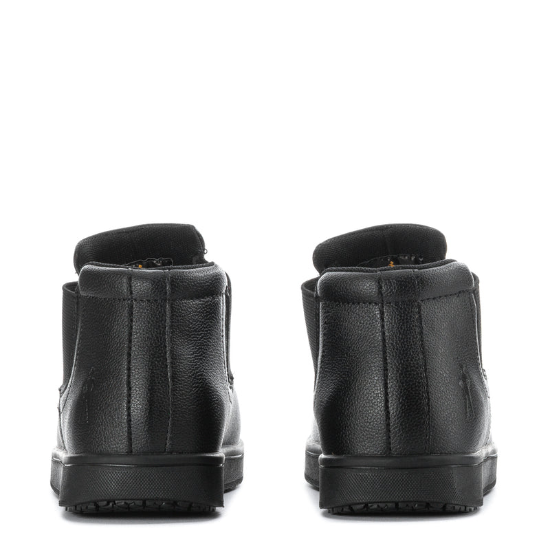 Black leather chelsea boots heel view with pull tabs and durable rubber sole