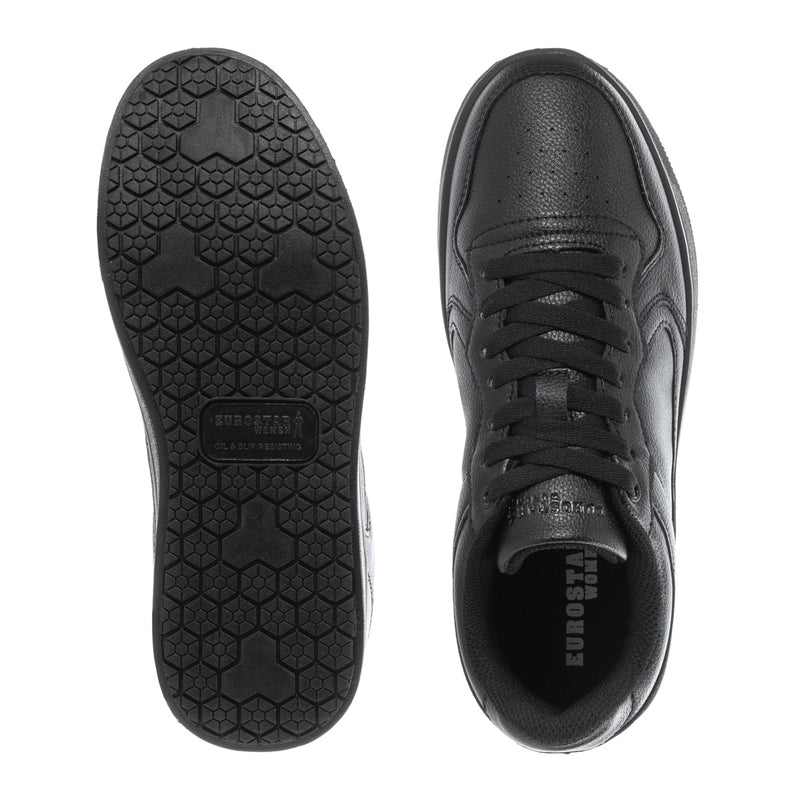 Black sneaker outsole tread and inner view of lace-up low-top
