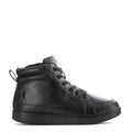 Women's black mid-top lace-up slip-resistant sneaker, side view, textured leather upper