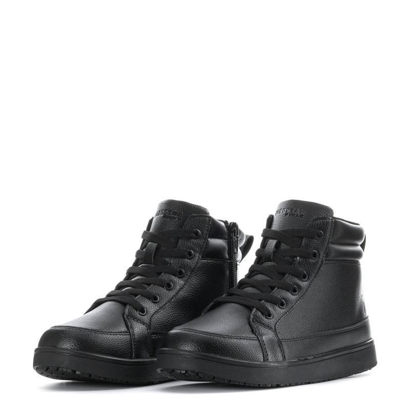 Women's black mid-top lace-up slip-resistant sneakers, pair view from front