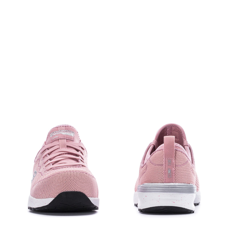 Pink sneaker pair, front and heel views, with lace-up design and cushioned sole