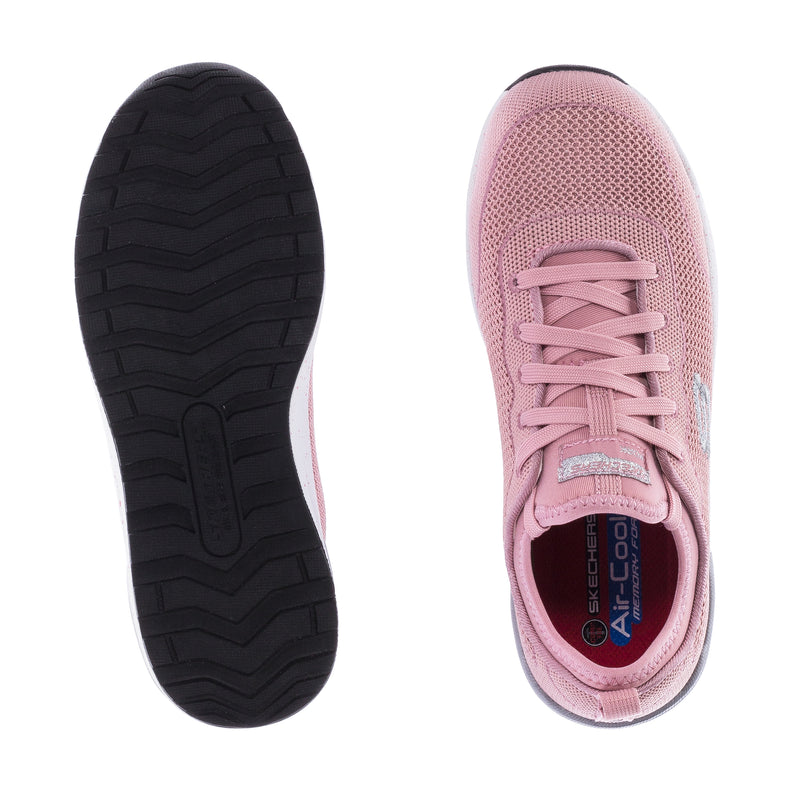 Pink sneaker and black outsole view; lace-up upper with cushioned heel