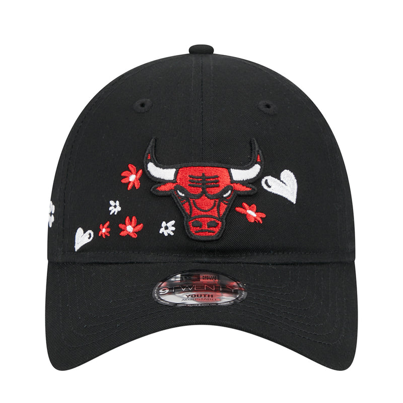 Kids black baseball cap with embroidered bull head and red/white flower details