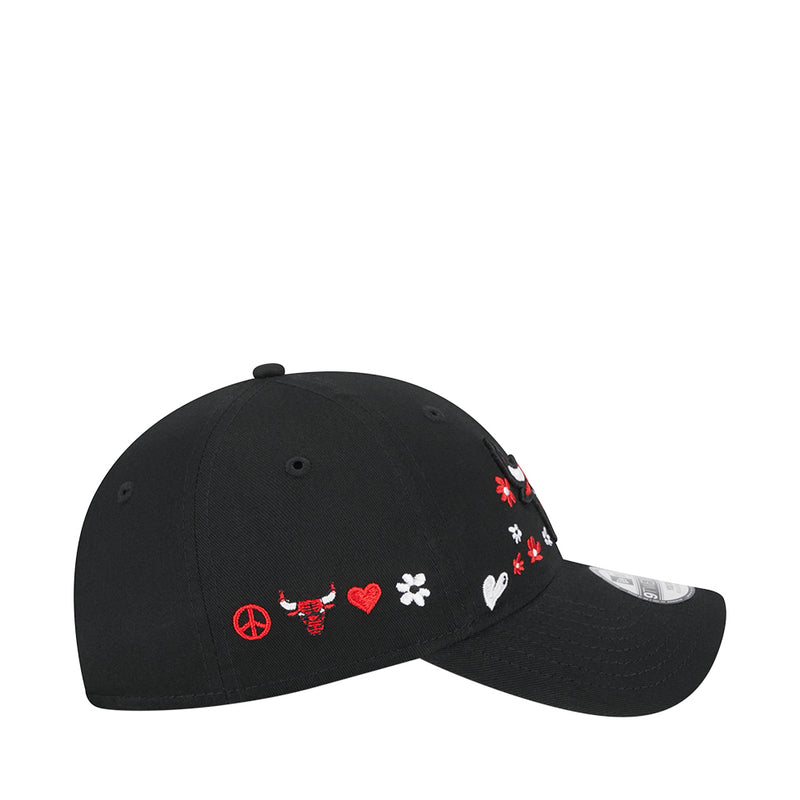 Kids black baseball cap with side floral embroidery in red, white, and heart motifs