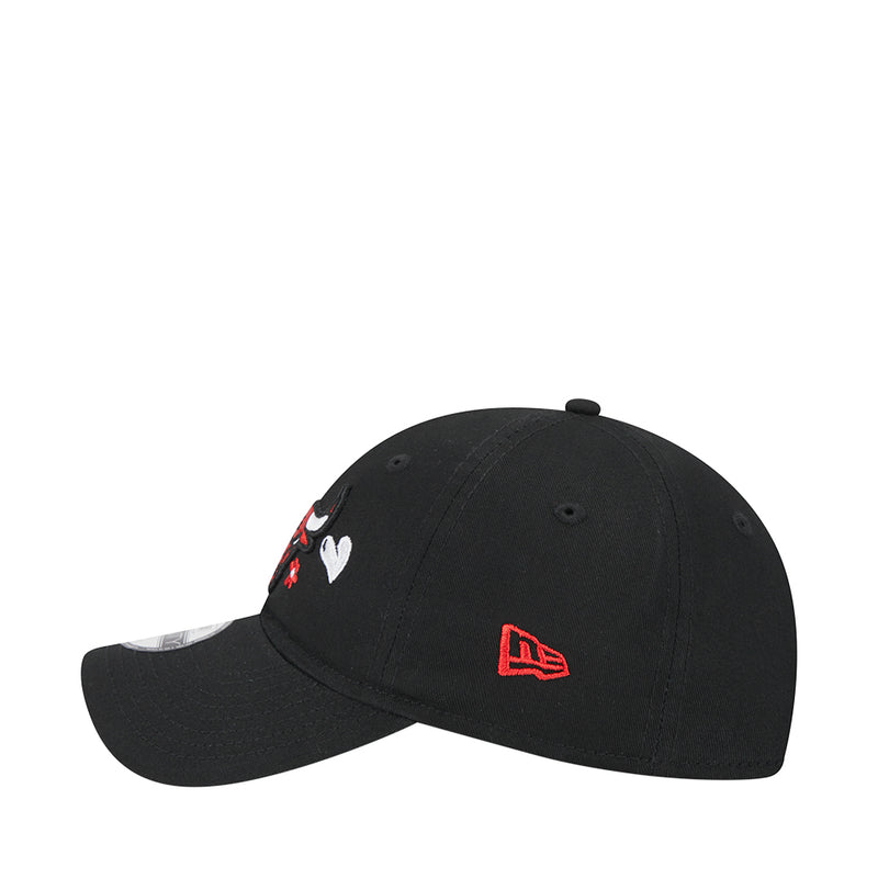 Kids black baseball cap with red logo and small floral embroidery icons