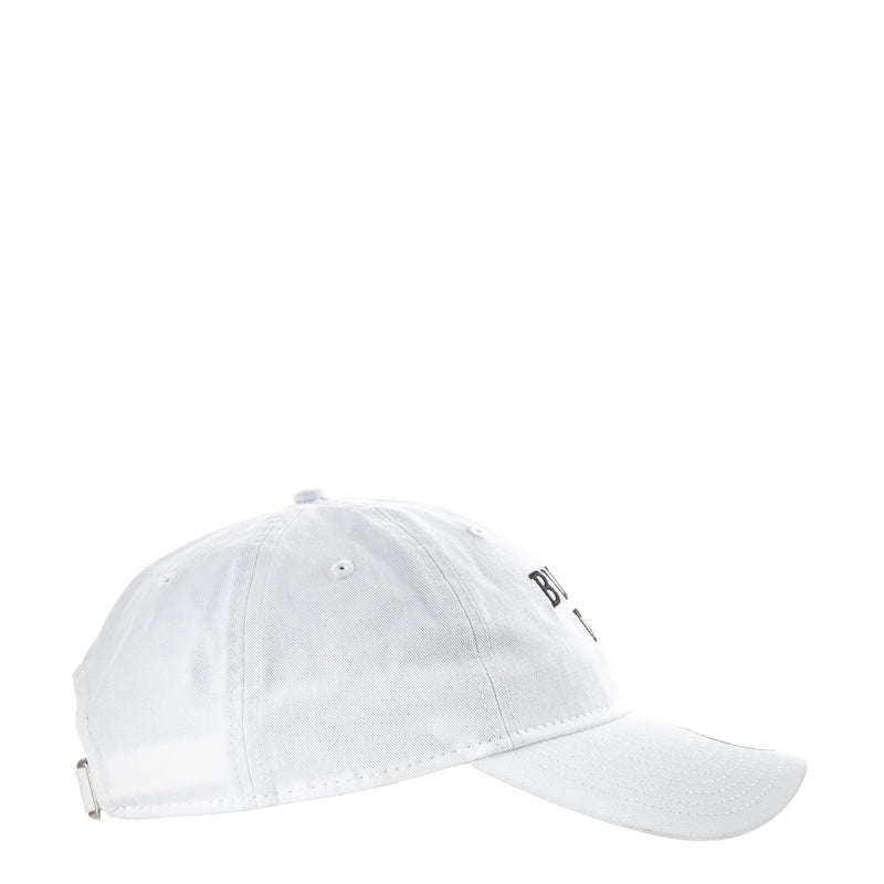 White baseball cap with small black side logo
