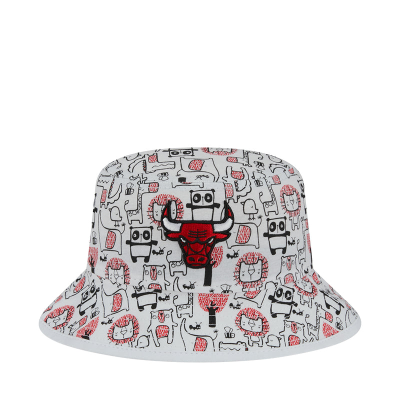 Kids white bucket hat with red and black robot graphic pattern