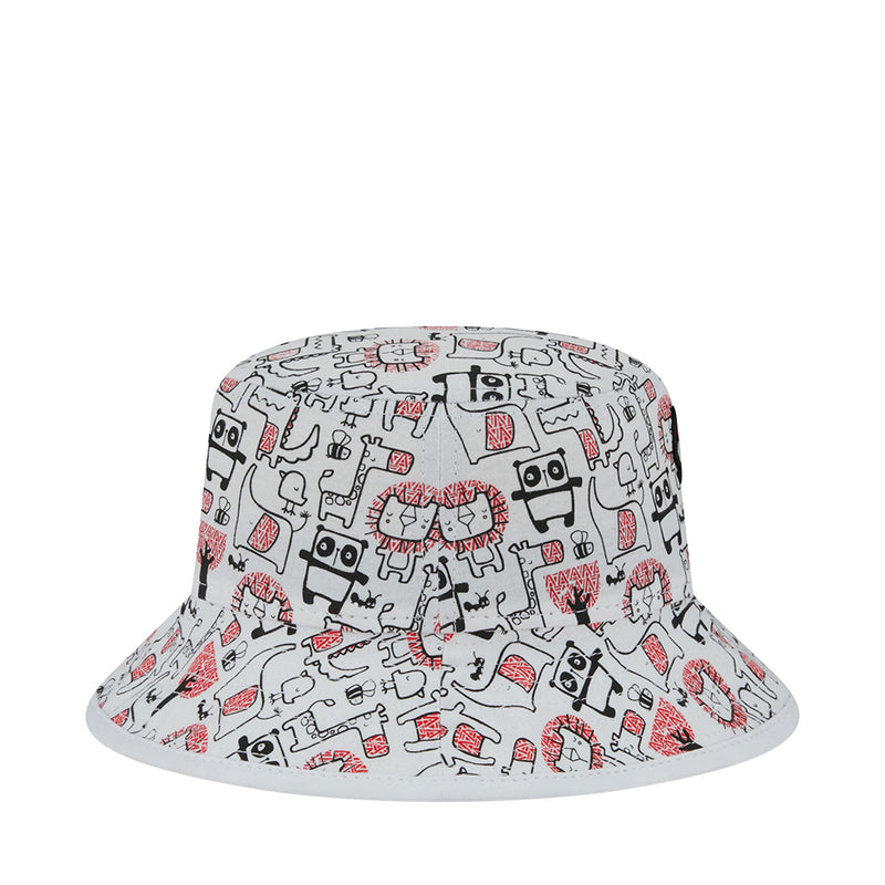 Kids white bucket hat, side view with red and black robot graphic pattern