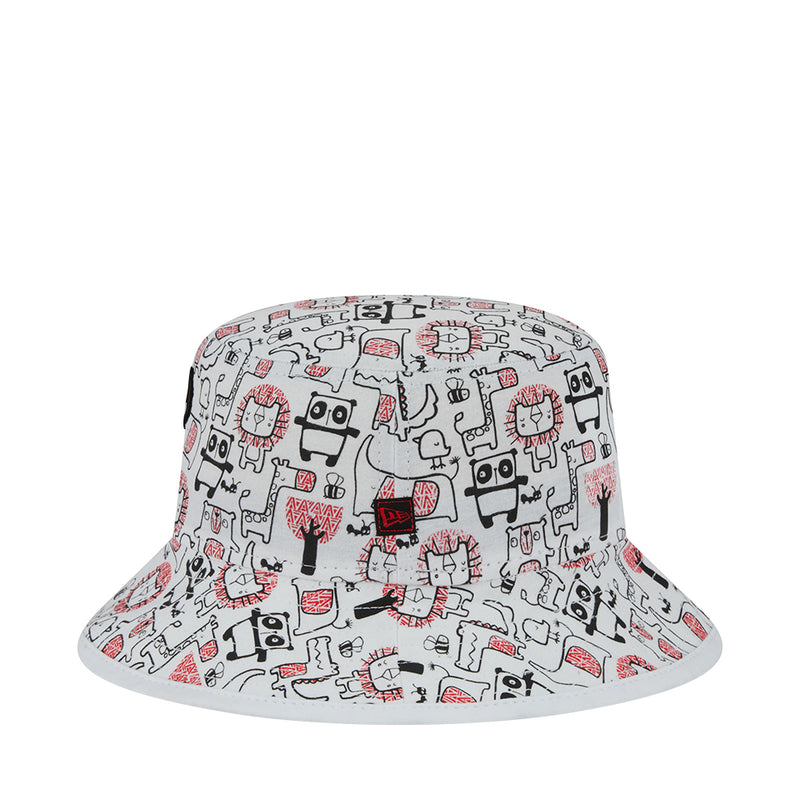 Kids white bucket hat, back view with red and black robot graphic pattern