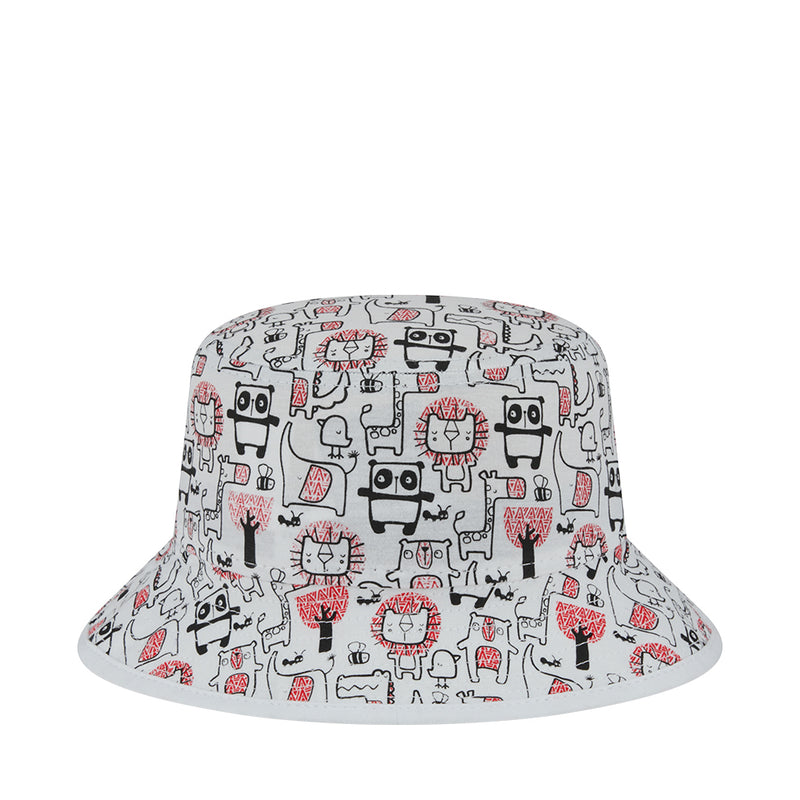 Kids white bucket hat with red and black robot graphic pattern, full brim