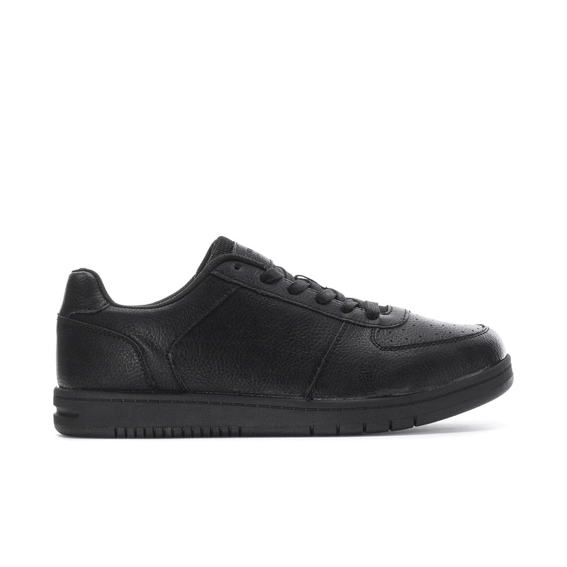 Men's slip-resistant lace-up sneaker, black leather with padded collar and rubber outsole