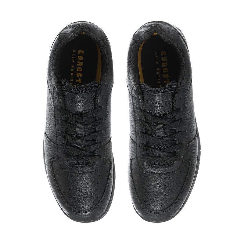 Men's slip-resistant shoes, black leather lace-up with padded tongue and interior lining