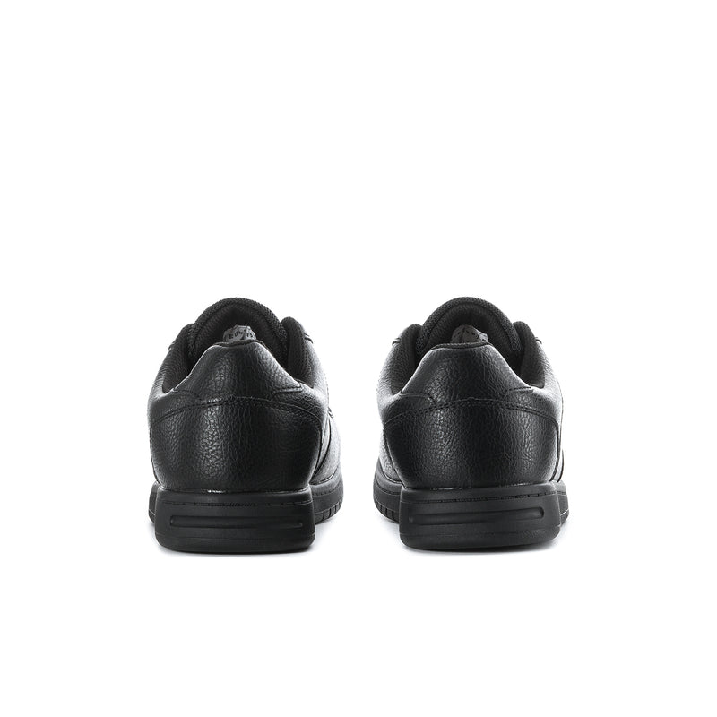 Men's slip-resistant sneakers, black leather with rear heel tab and treaded sole