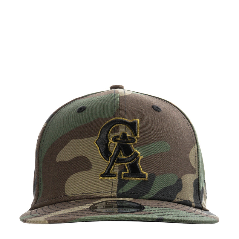 Camo baseball cap with California Angels embroidered logo, flat brim and snapback strap