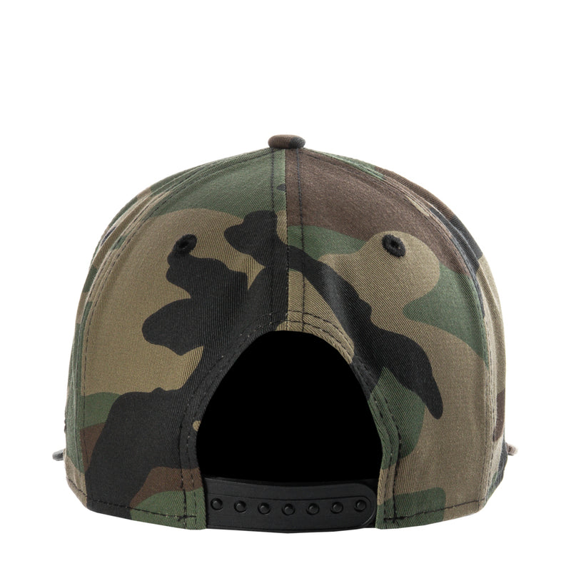Camo baseball cap viewed from back, showing ventilation eyelets and snapback strap