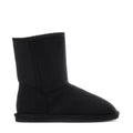 Women's black suede ankle boot with pull-on shaft and stitched seam