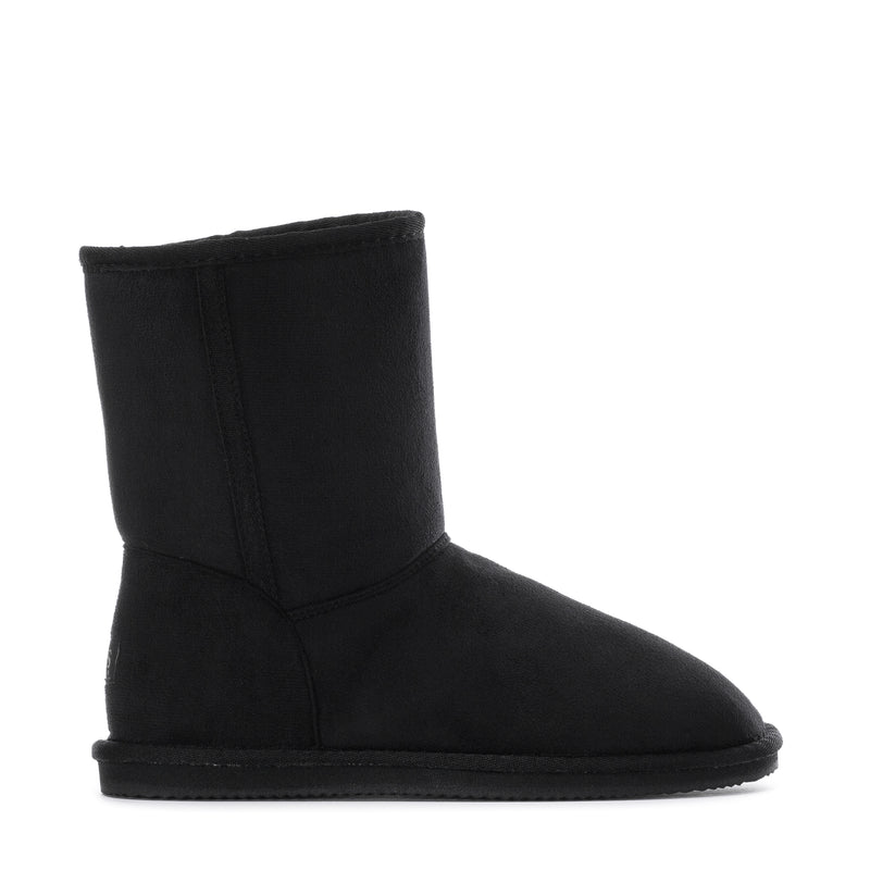 Women's black suede ankle boot with pull-on shaft and stitched seam