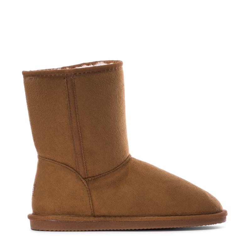 Chestnut suede pull-on women’s boot with rounded toe and stitched seam detail.