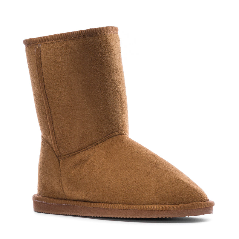 Chestnut suede pull-on women’s boot with stitched ankle seam and flat sole.