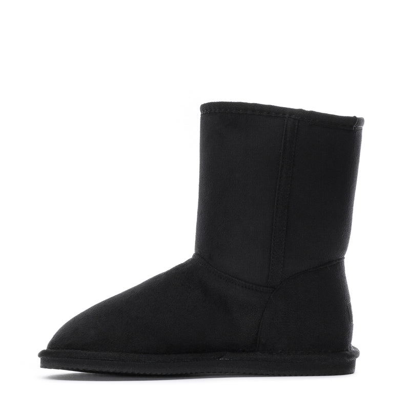 Women's black suede ankle boot with rounded toe and pull-on seam