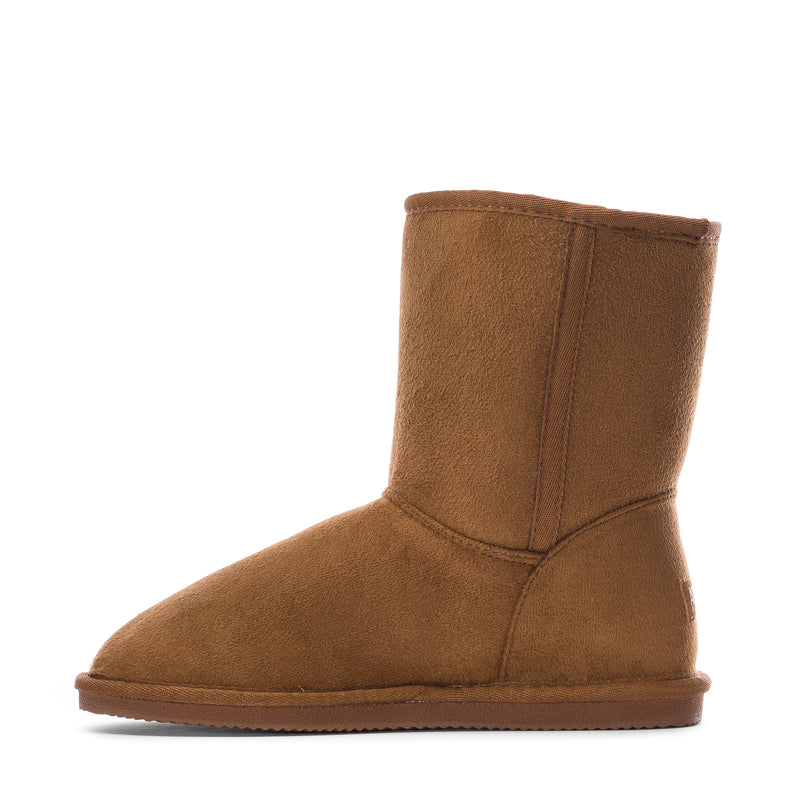 Chestnut suede ankle boot with topline stitching and low flat sole.