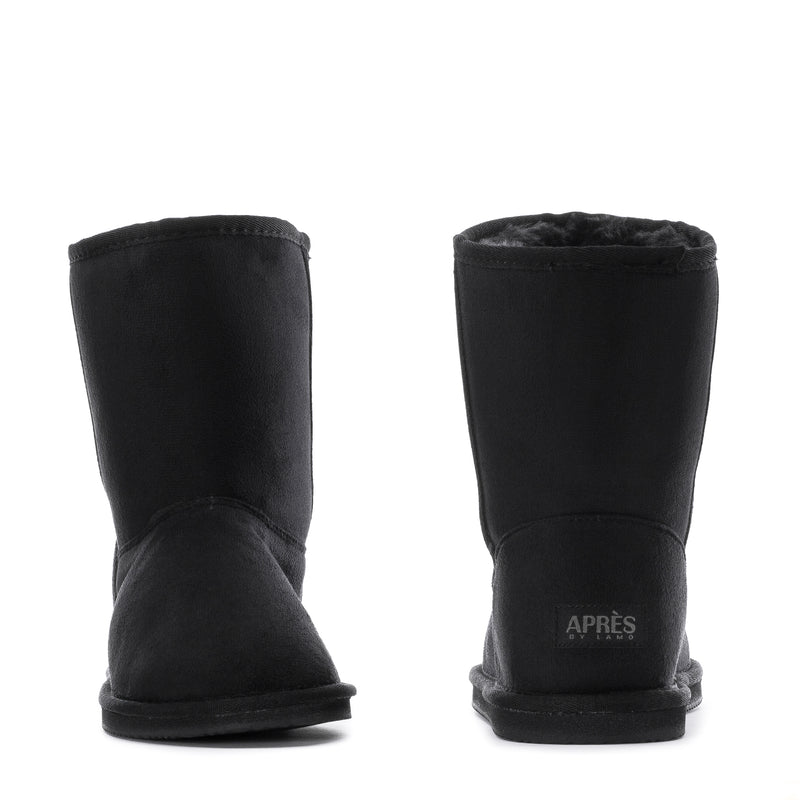 Pair of women's black suede ankle boots with 'APRES' heel logo