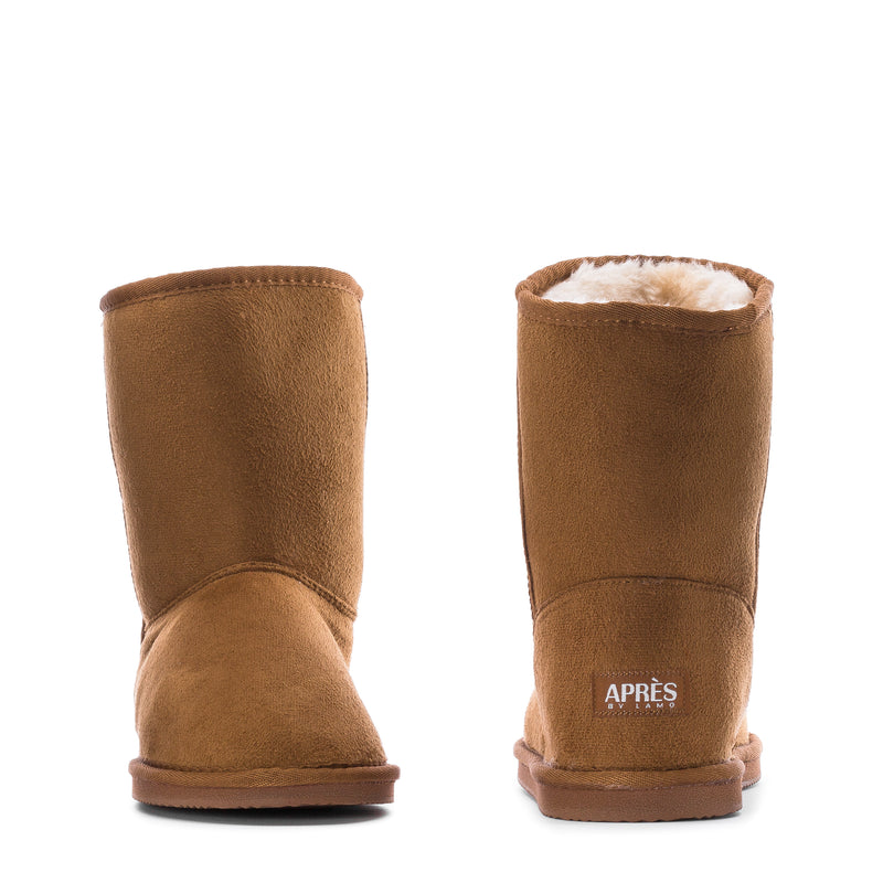 Chestnut suede women’s boots with shearling lining at collar and APRES heel label.
