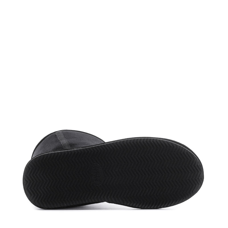 Women's black ankle boot outsole tread on textured rubber sole