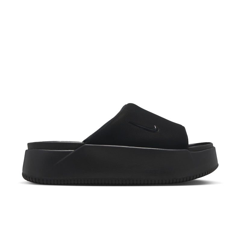Women's black slip-on sandals with swoosh logo and chunky platform sole