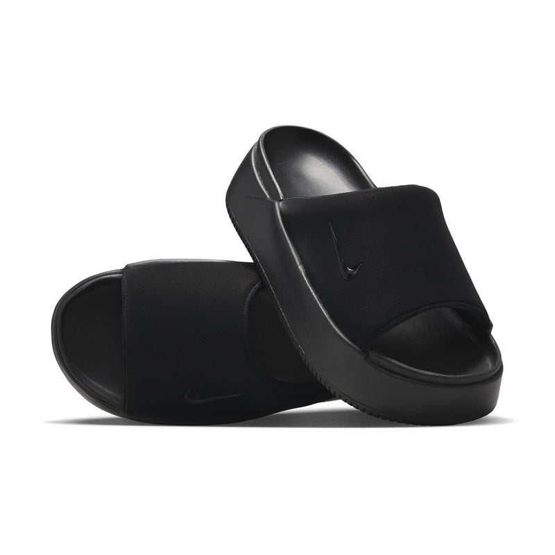 Women's black slip-on sandals with arched strap, padded footbed, and swoosh